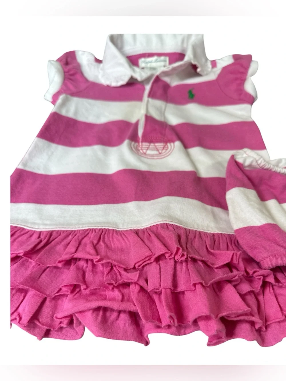 Polo Ralph Lauren Pink & White Striped Ruffled Polo Dress with Bloomer | 6 mo